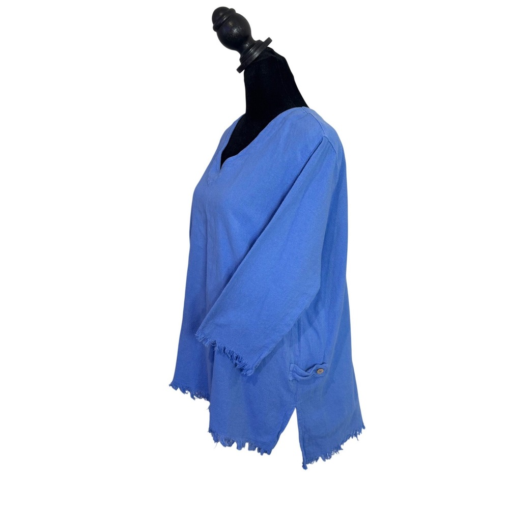 Sea Breeze of California Blue Crinkle Cotton Gauze Frayed Tunic Top Womens S USA